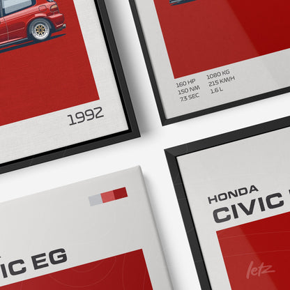 collection of framed wall art featuring classic car designs, black frames, red background, and technical details about the 1992 Honda Civic EG