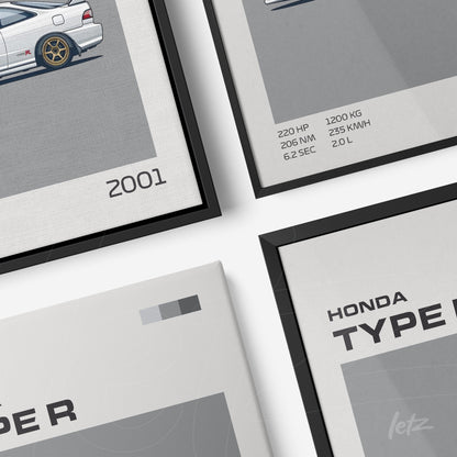 collection of framed minimalist car illustrations with black frames and light backgrounds