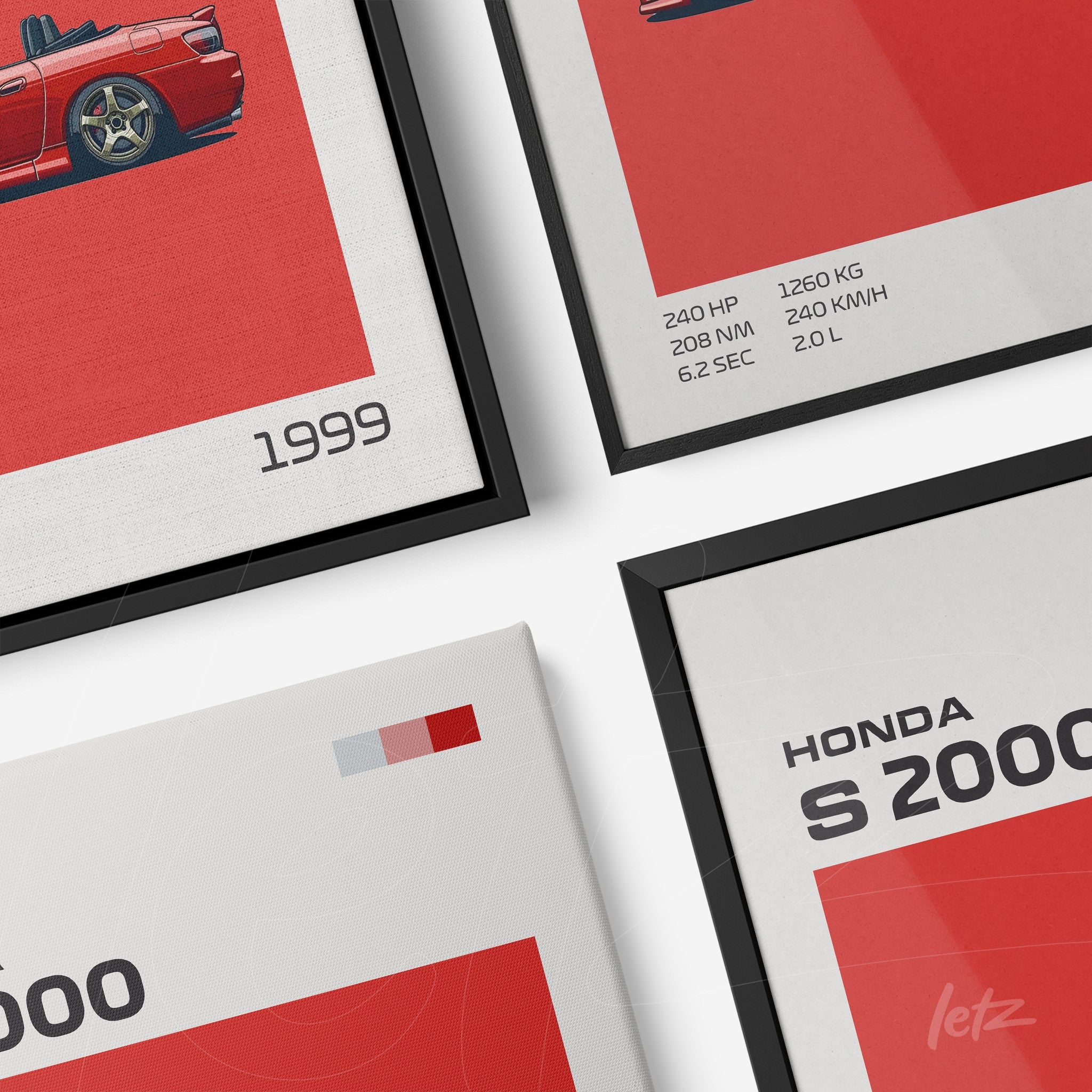 set of framed wall art featuring graphic design of Honda S2000 car on vibrant red background with black frames