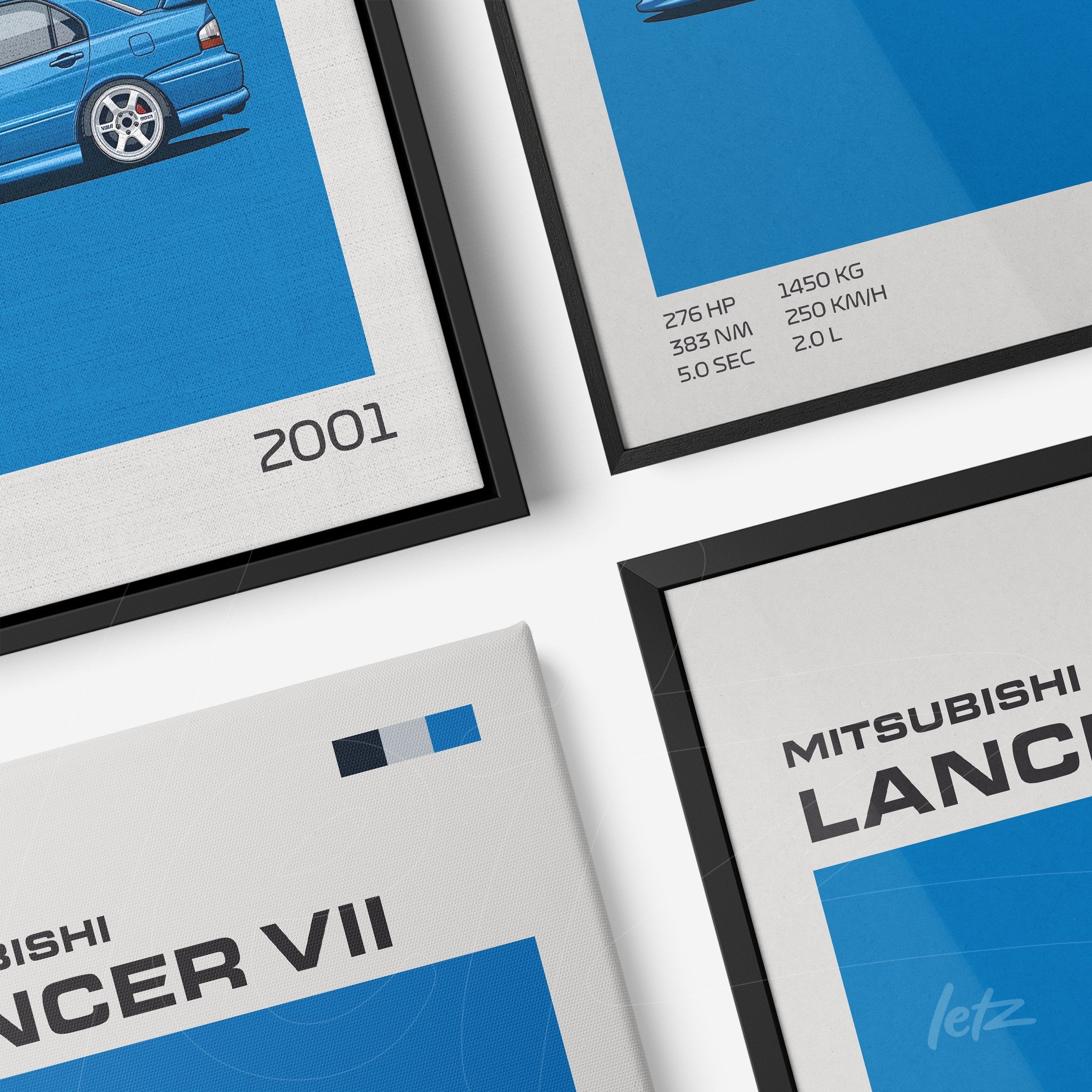collection of framed wall art featuring Mitsubishi Lancer VII in minimalist style with blue background