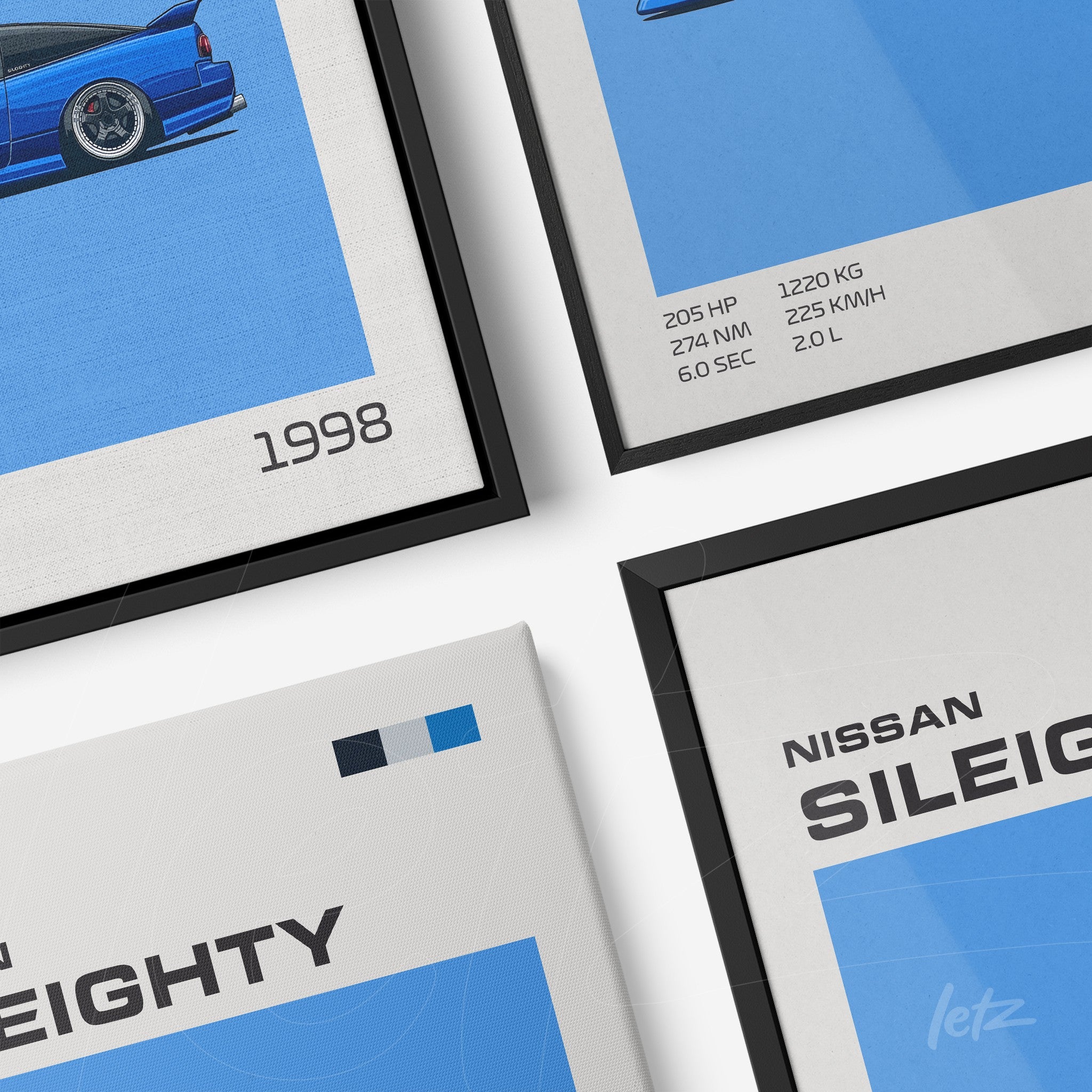 collection of prints featuring digital illustration of Nissan SilEighty on blue background, framed in black and canvas
