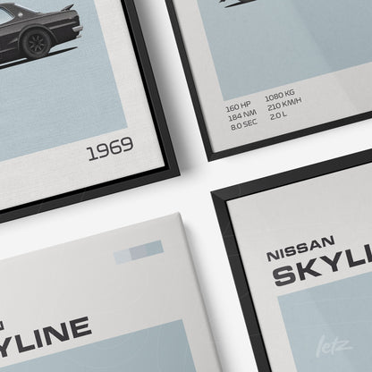 composition of framed wall art featuring minimalistic design of 1969 Nissan Skyline with fine black frames, includes technical details on horsepower and weight