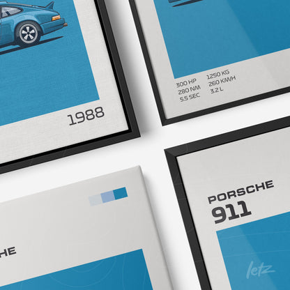 composition of wall art featuring illustrations of sports cars, highlighting the 1988 Porsche 911 in black and white frames