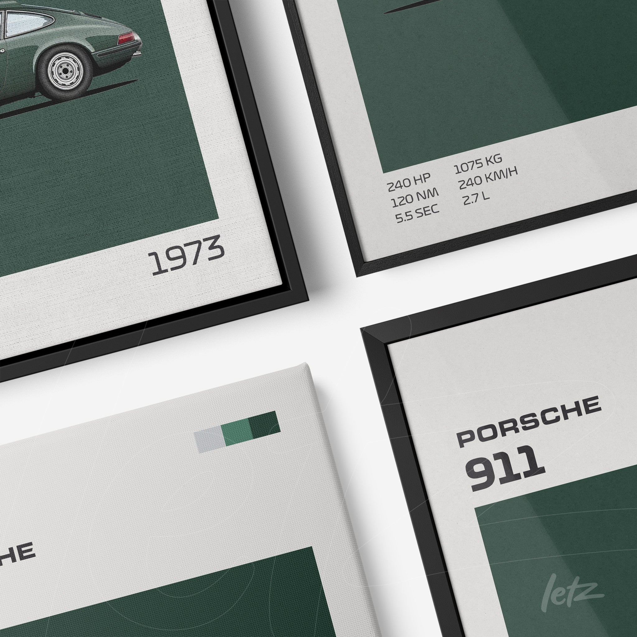 collection of framed artworks featuring the 1973 Porsche 911 against a green background