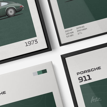 collection of framed artworks featuring the 1973 Porsche 911 against a green background