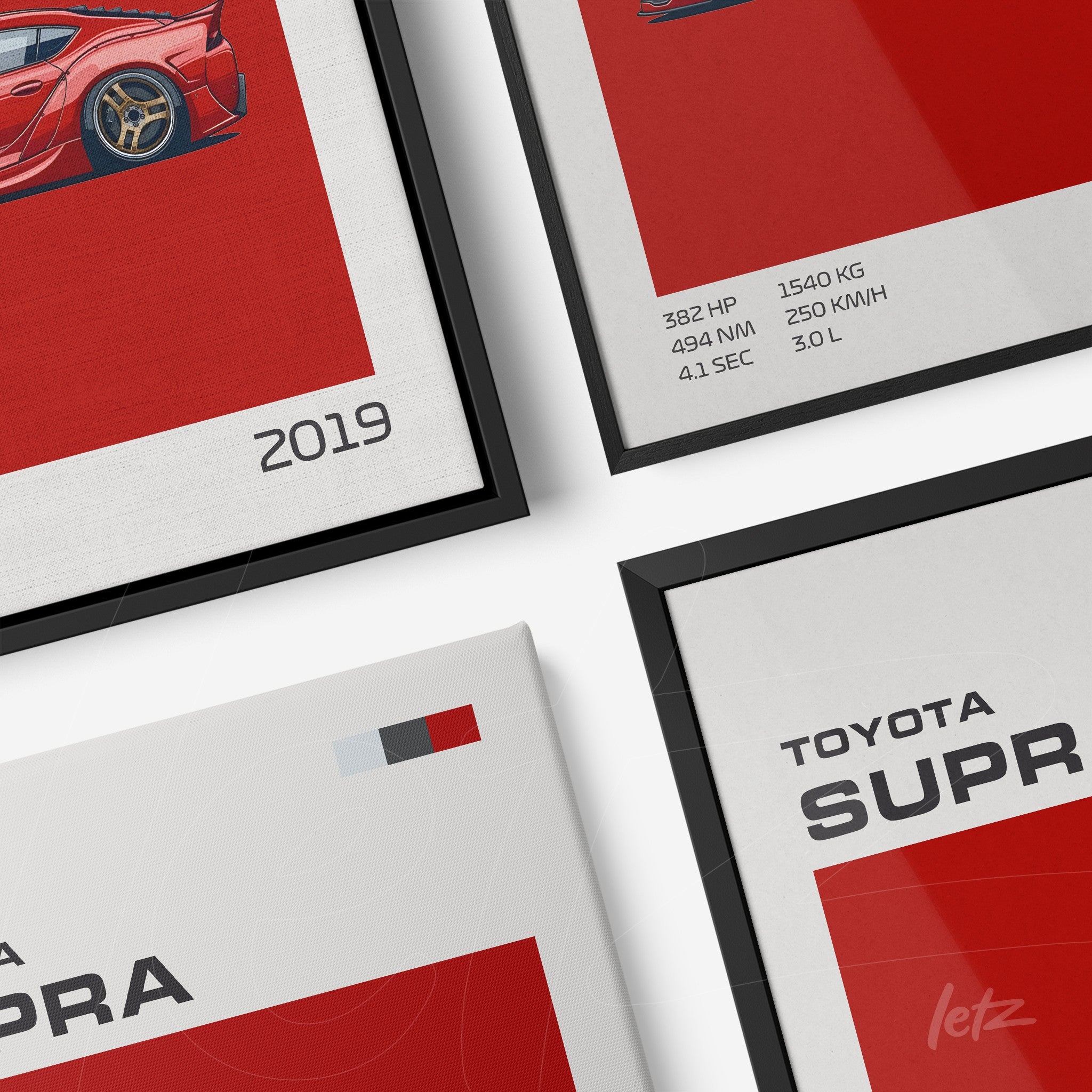 framed wall art of a 2019 Toyota Supra car illustration with black frame and red background featuring technical details
