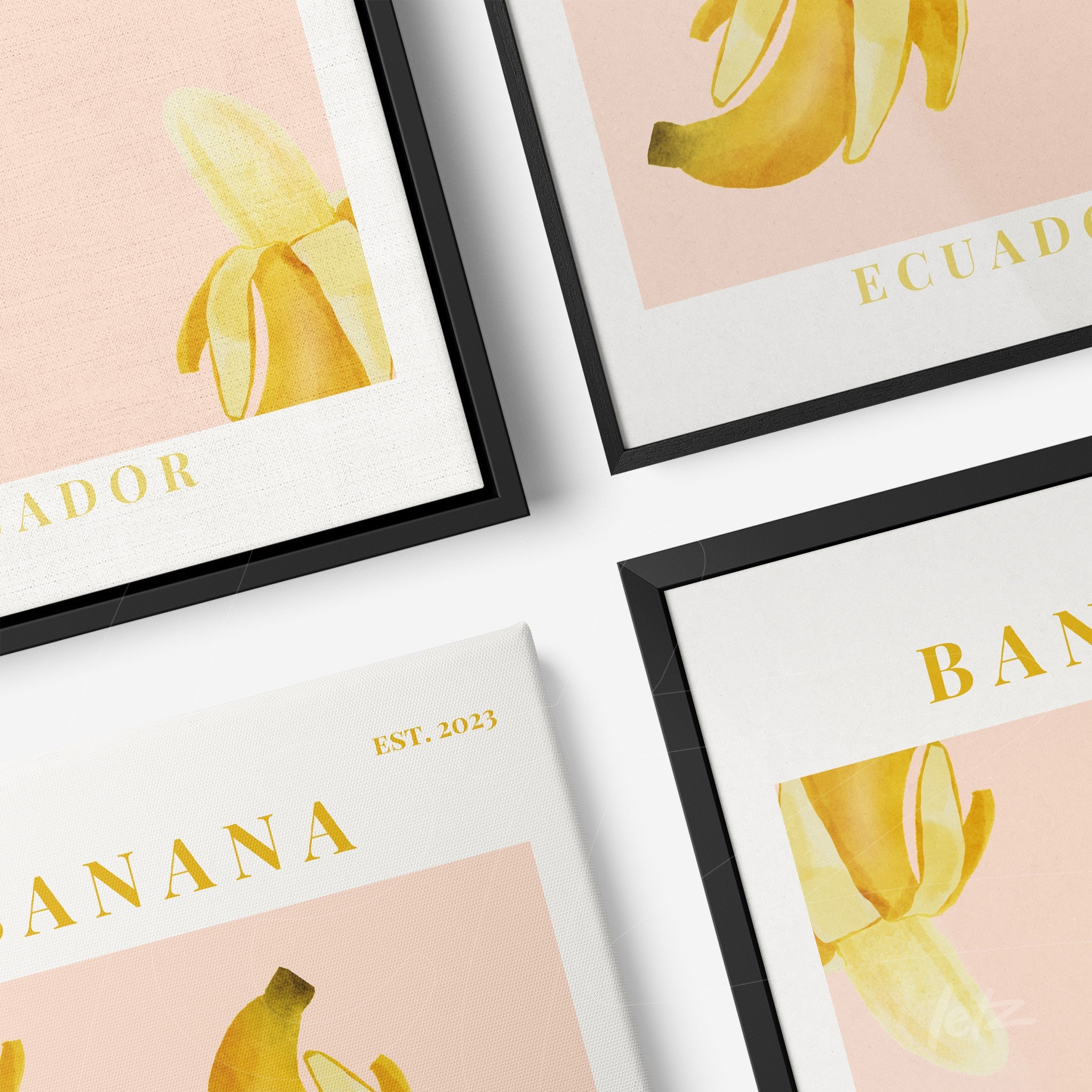 framed wall art collection featuring banana illustrations on pink background with gold accents
