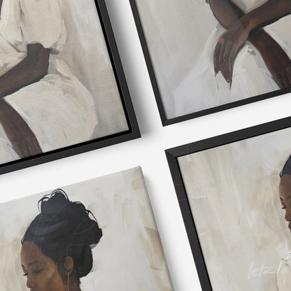 collection of framed artworks featuring women in neutral tones with thin black frames and light backgrounds