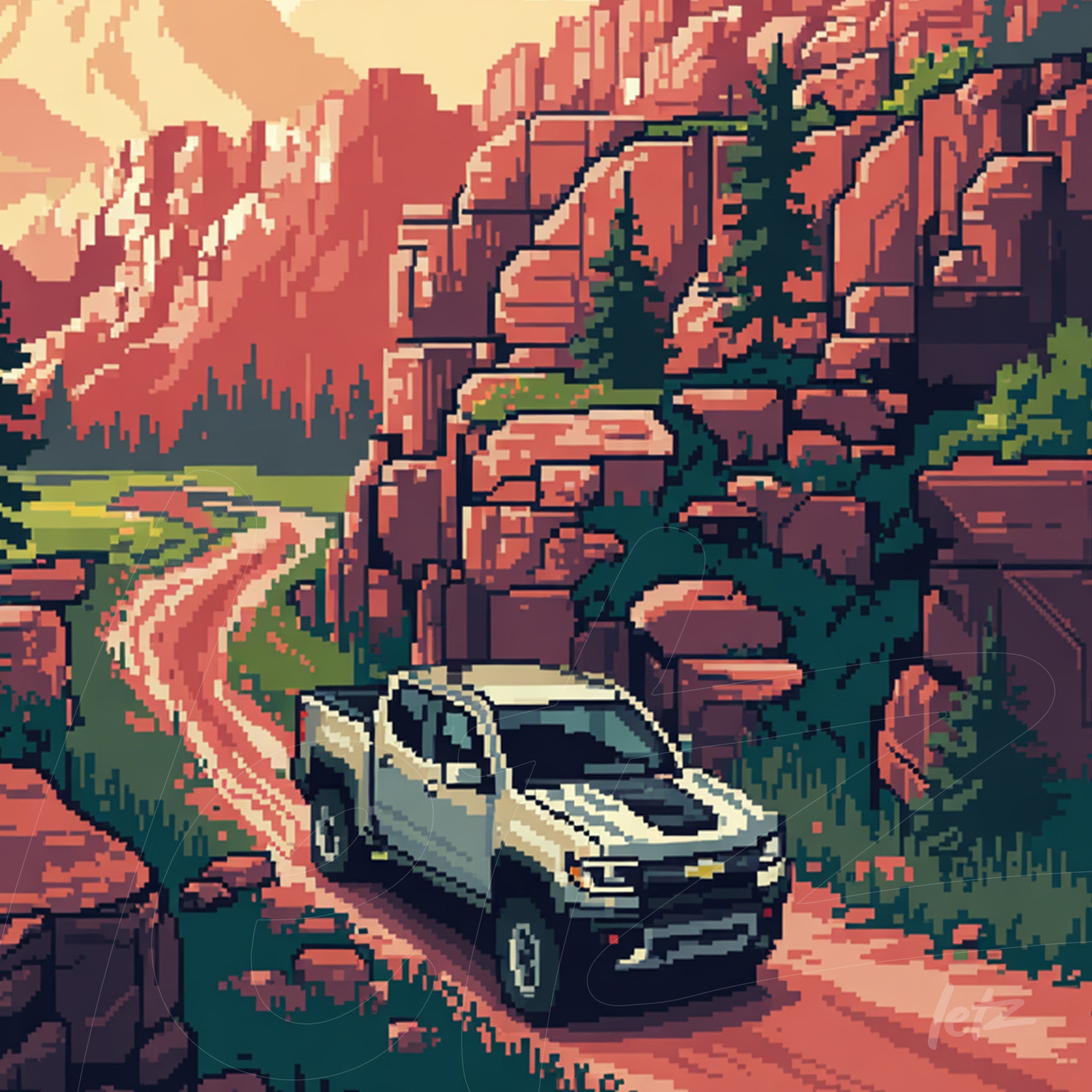 pixel art of a pickup truck on a dirt road with mountains in the background and lush vegetation