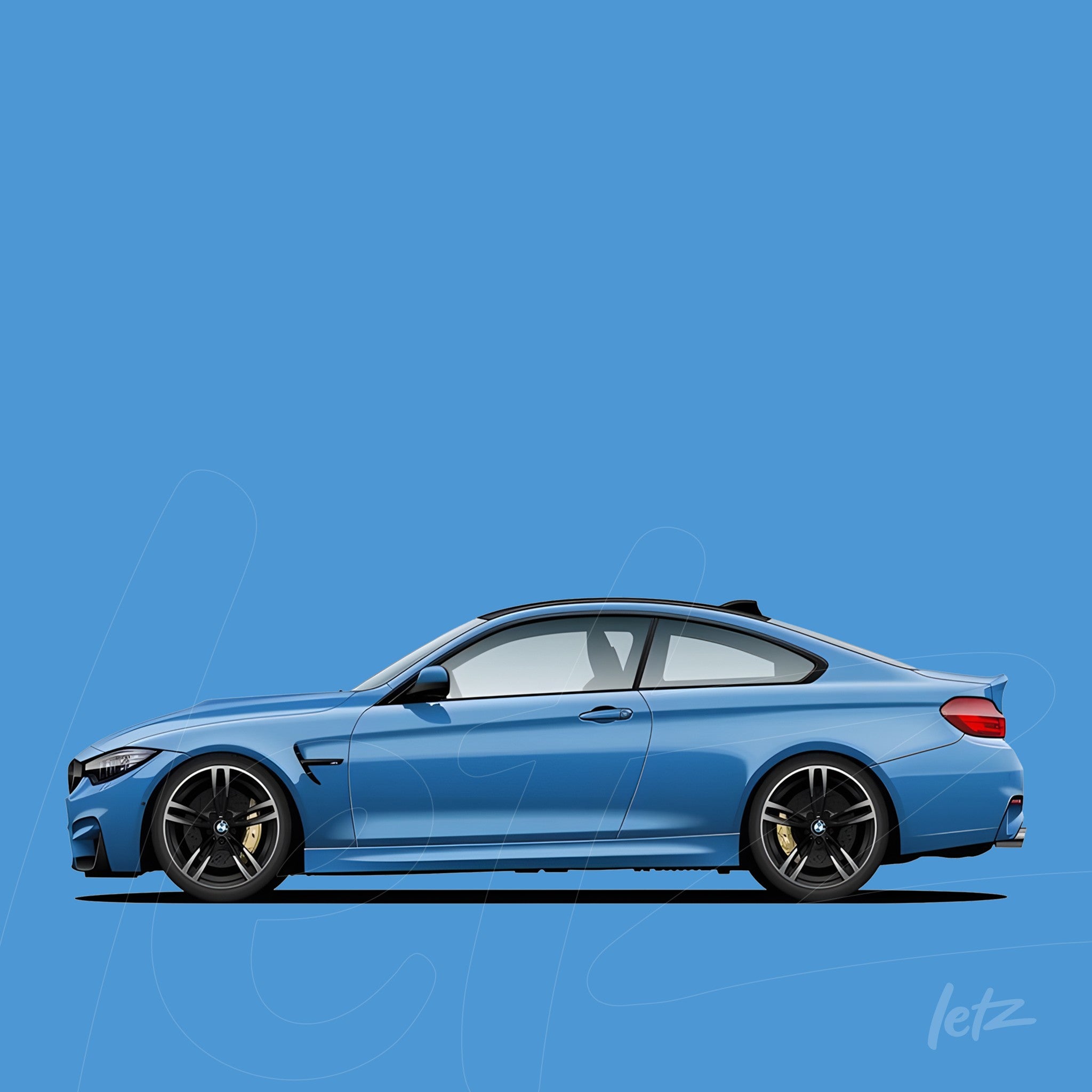 side view of a blue sports car against a vibrant blue background