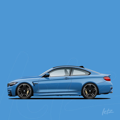 side view of a blue sports car against a vibrant blue background