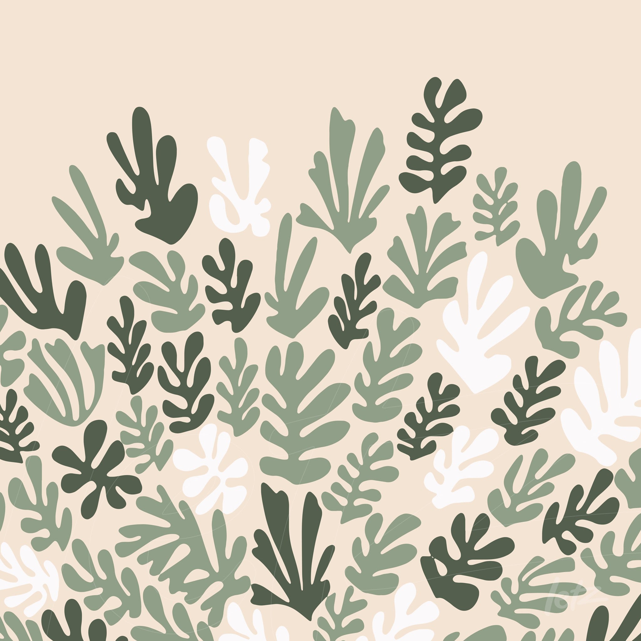 abstract wall art featuring green and white leaves on a beige background