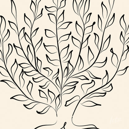 minimalist artwork featuring black leaves on a light beige background