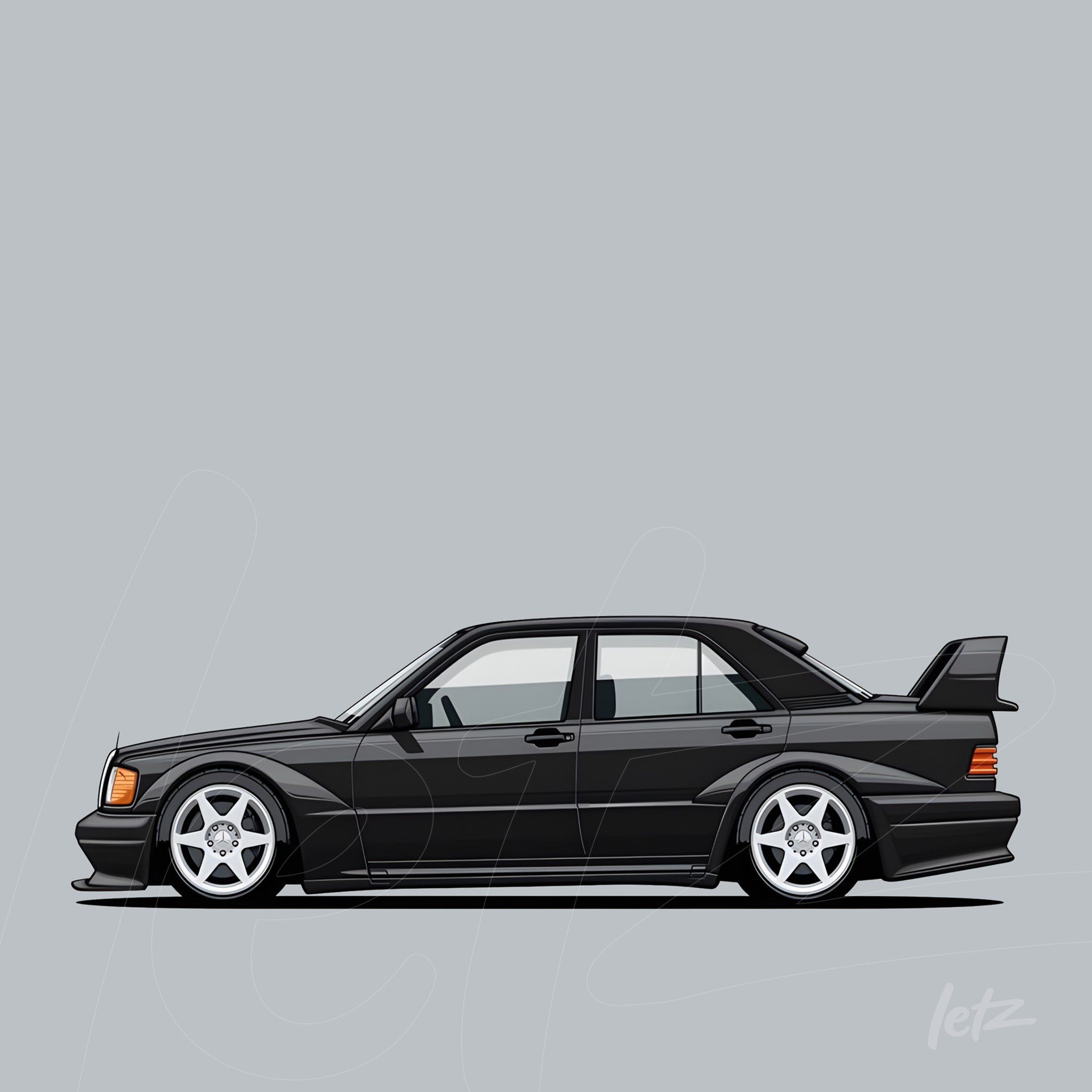 digital artwork of a black sports car with silver wheels and aerodynamic design on gray background