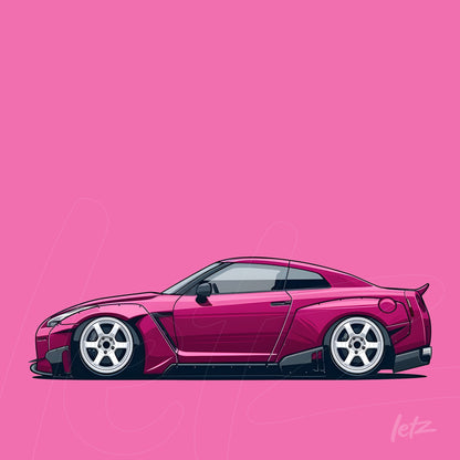 cartoon style illustration of a sports car in pink color with black accents and silver wheels on a vibrant pink background