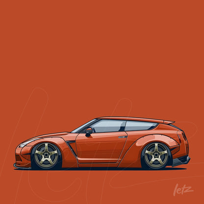 stylized digital art of a sports car on orange background emphasizing modern lines and golden wheel details