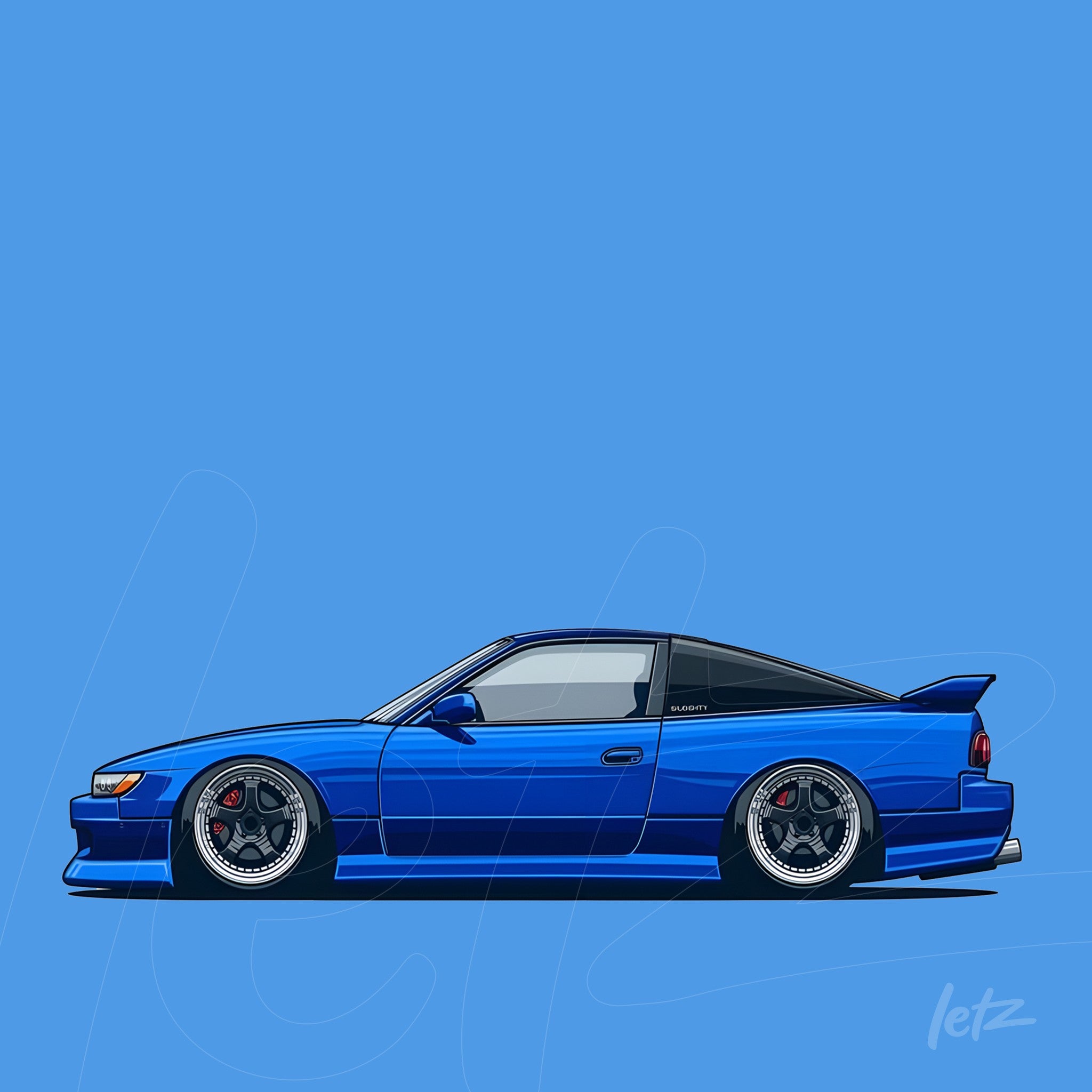 digital illustration of a blue sports car in profile showcasing details like large wheels and aerodynamic lines