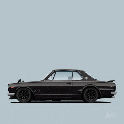 illustration of a black sports car with gray accents on light blue background