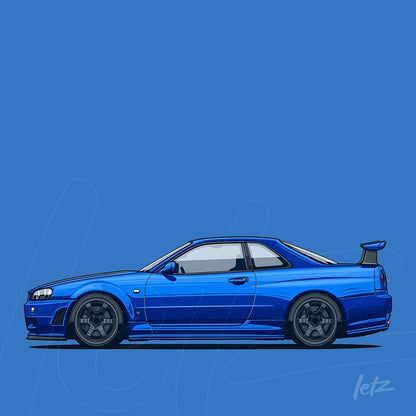 illustration of a blue sports car on a solid blue background, featuring black details and large wheels