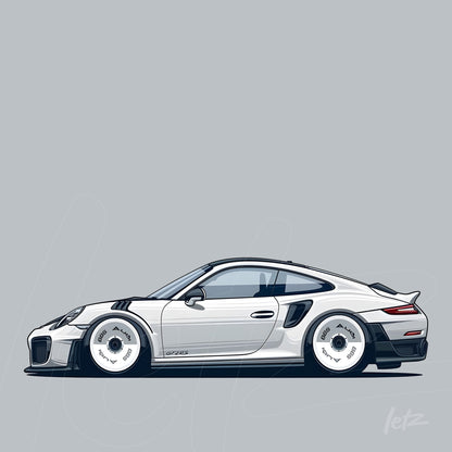 digital illustration of a white sports car with wide wheels against a gray background
