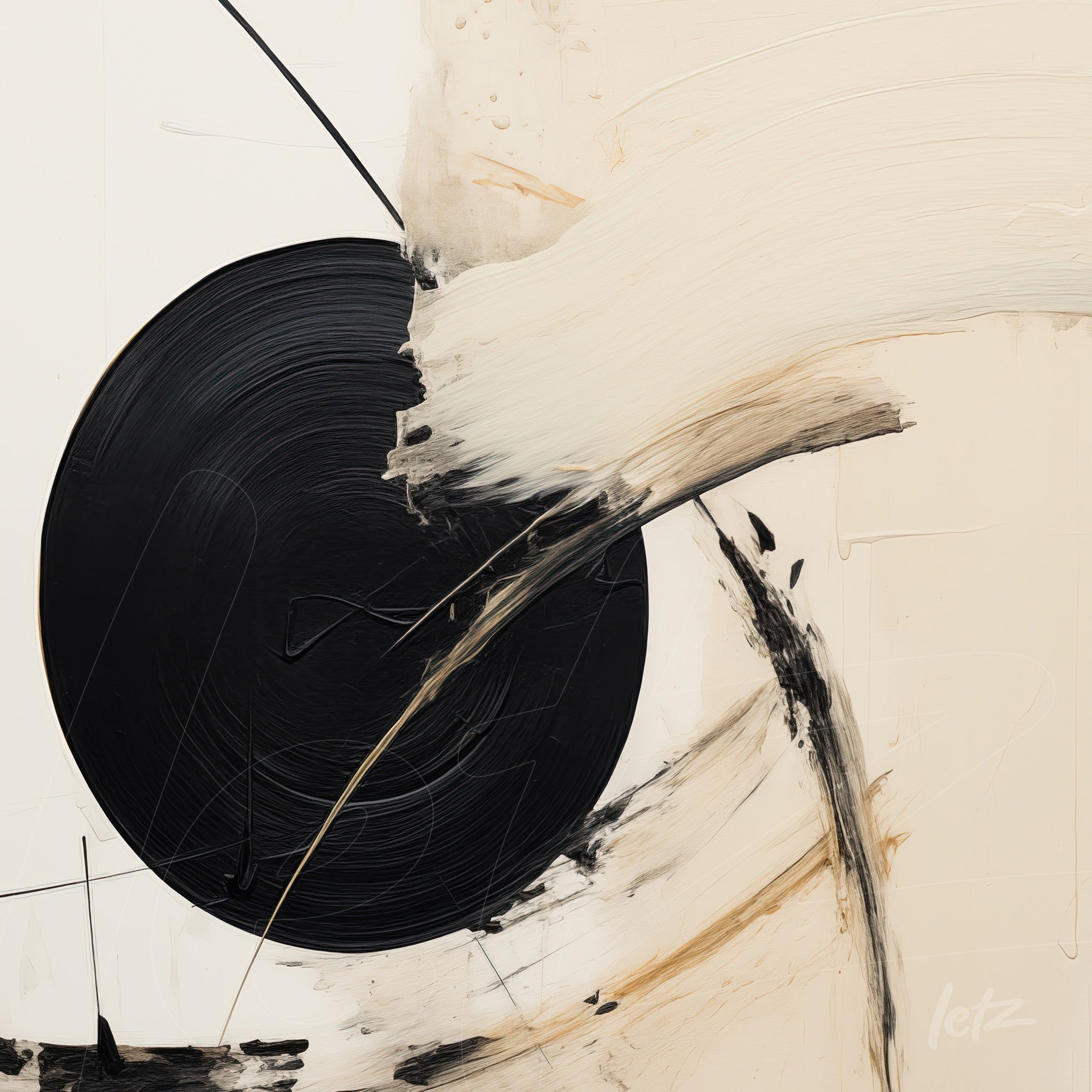 abstract wall art featuring a large black circle on a light background with bold brush strokes in white and beige