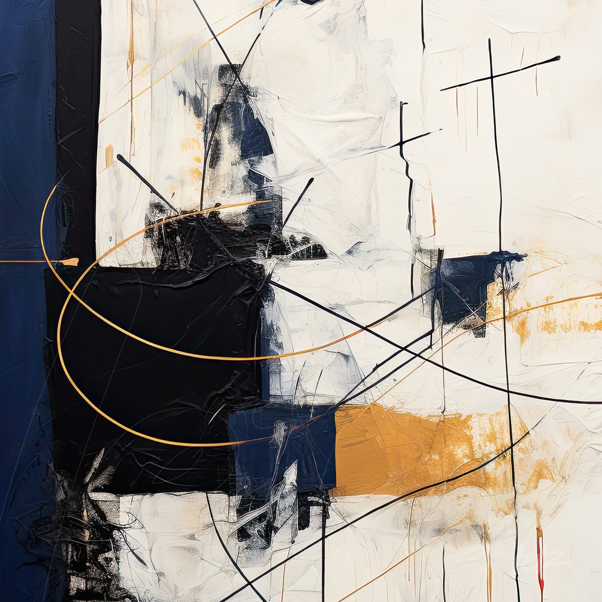 abstract art with brushstrokes in shades of blue, white, and black, featuring gold accents and geometric shapes