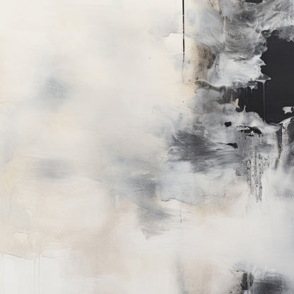 abstract canvas artwork featuring black, white, and neutral tones with texture