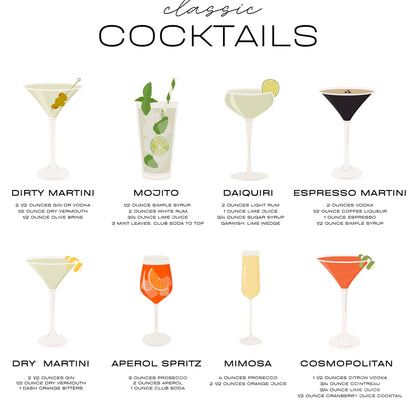 illustration featuring classic cocktail glasses on a light background, including dirty martini, mojito, daiquiri, espresso martini, dry martini, aperol spritz, mimosa, and cosmopolitan with ingredients listed below each drink