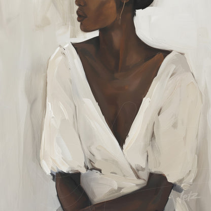 digital artwork of a feminine portrait in neutral tones with a white dress against a light background featuring soft brushstrokes