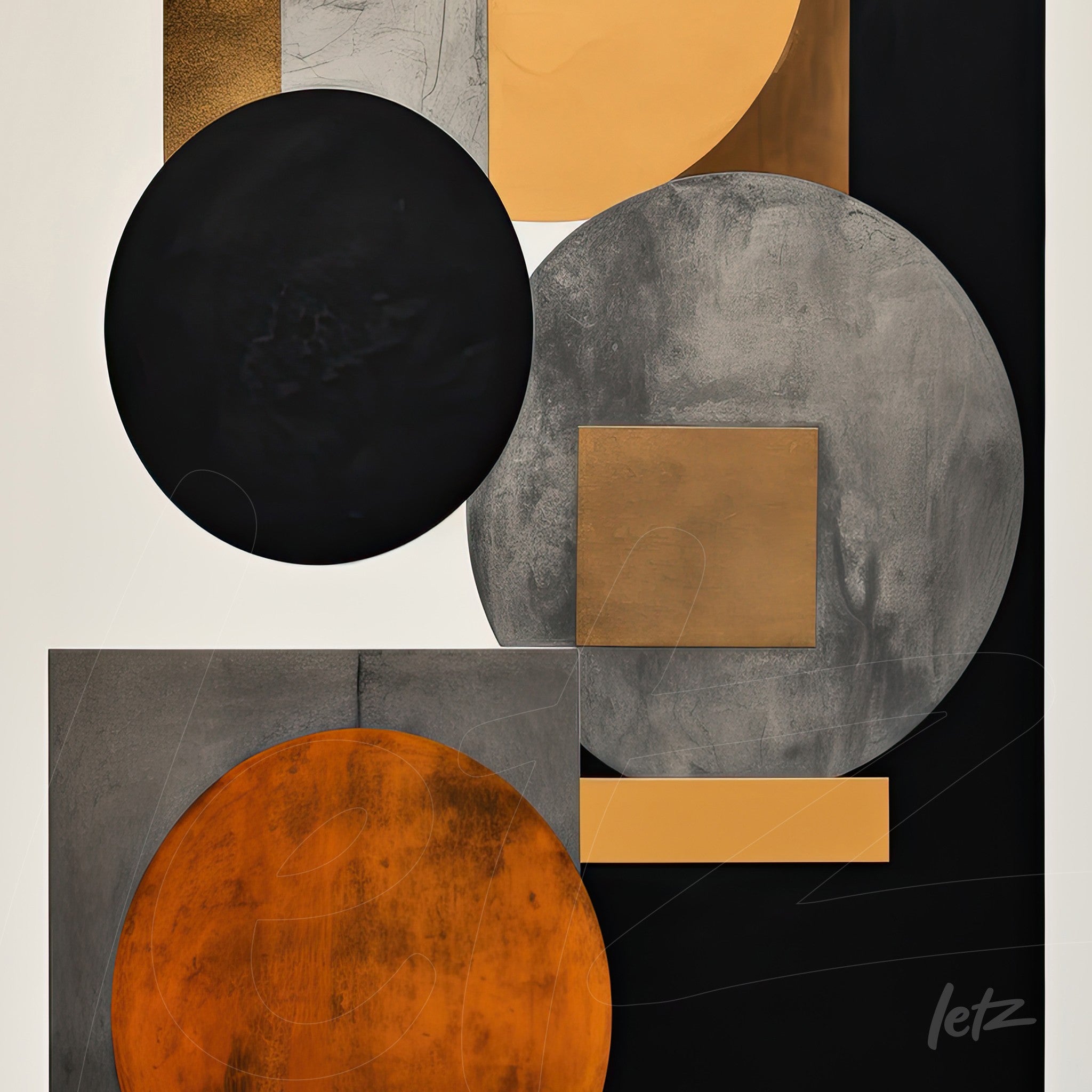 abstract wall art featuring geometric shapes in black, orange, bronze, and gray on a light background