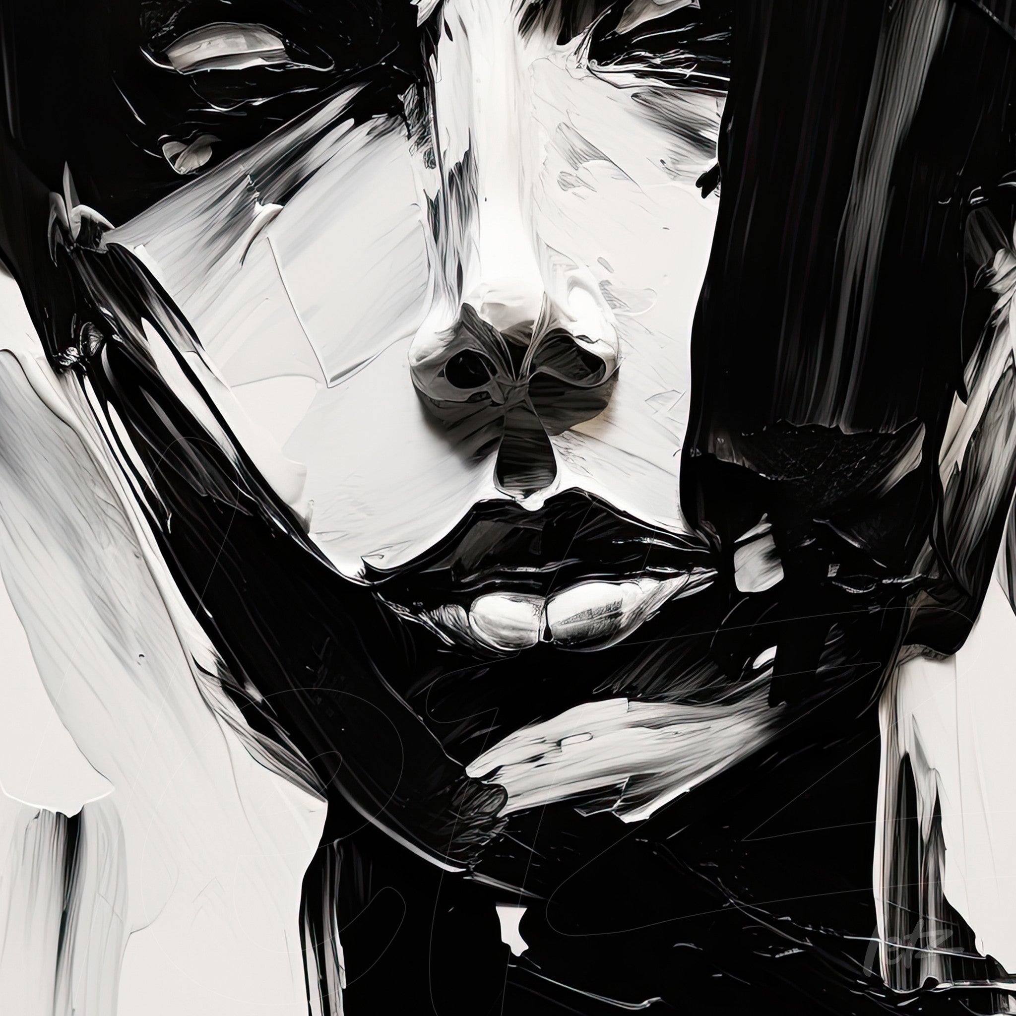 portrait in abstract style featuring black and white thick brush strokes emphasizing facial features