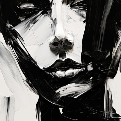 portrait in abstract style featuring black and white thick brush strokes emphasizing facial features