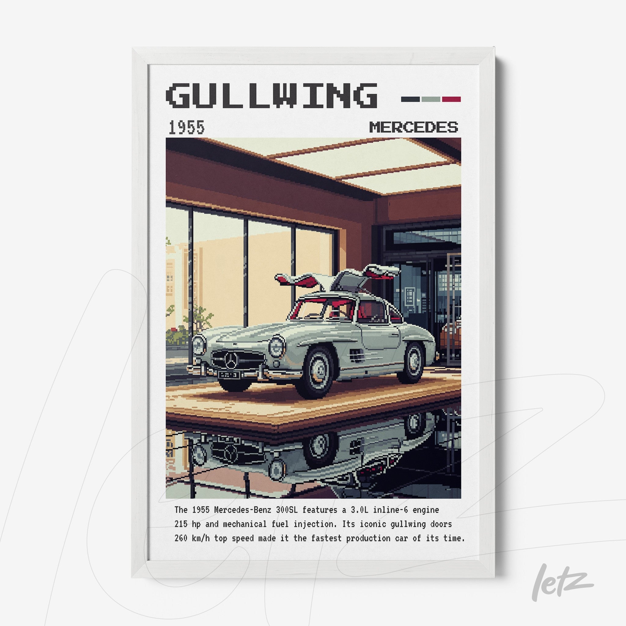 framed digital art of the 1955 Mercedes-Benz 300SL Gullwing in white frame, set against a backdrop resembling a modern exhibition space