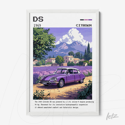 framed pixel art of a 1969 Citroën DS in a countryside setting with mountains in the background