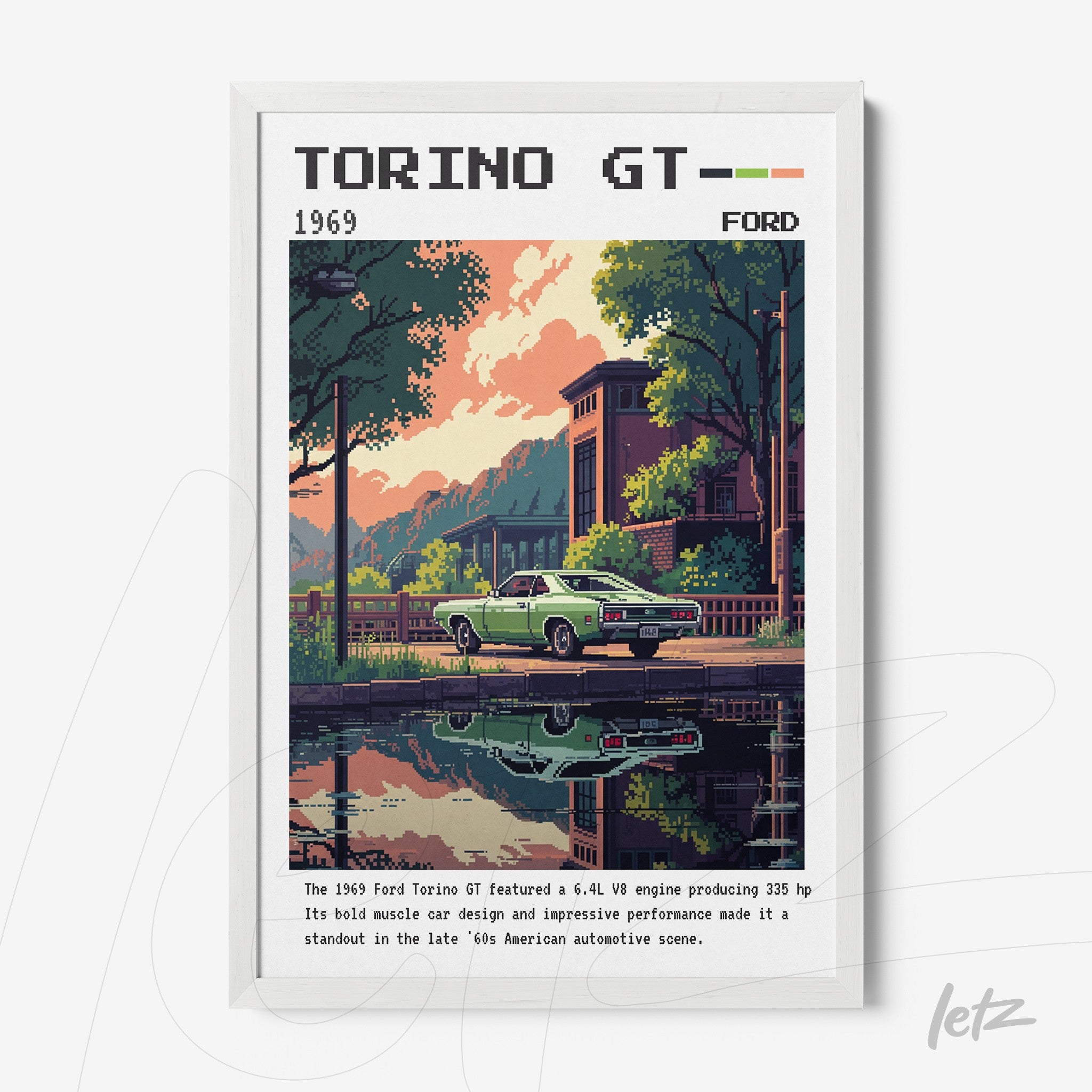 framed digital art of 1969 ford torino gt showcasing the car by a lake reflecting trees
