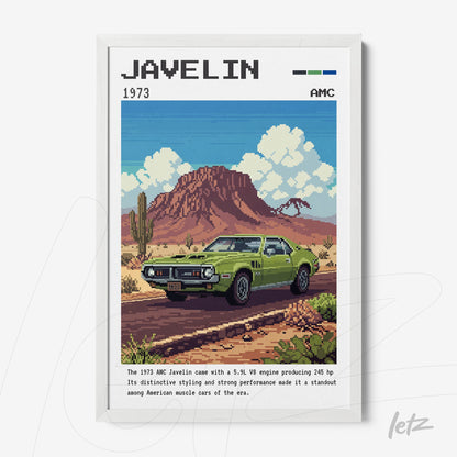 framed art depicting a stylized AMC Javelin 1973 in a desert background with mountains