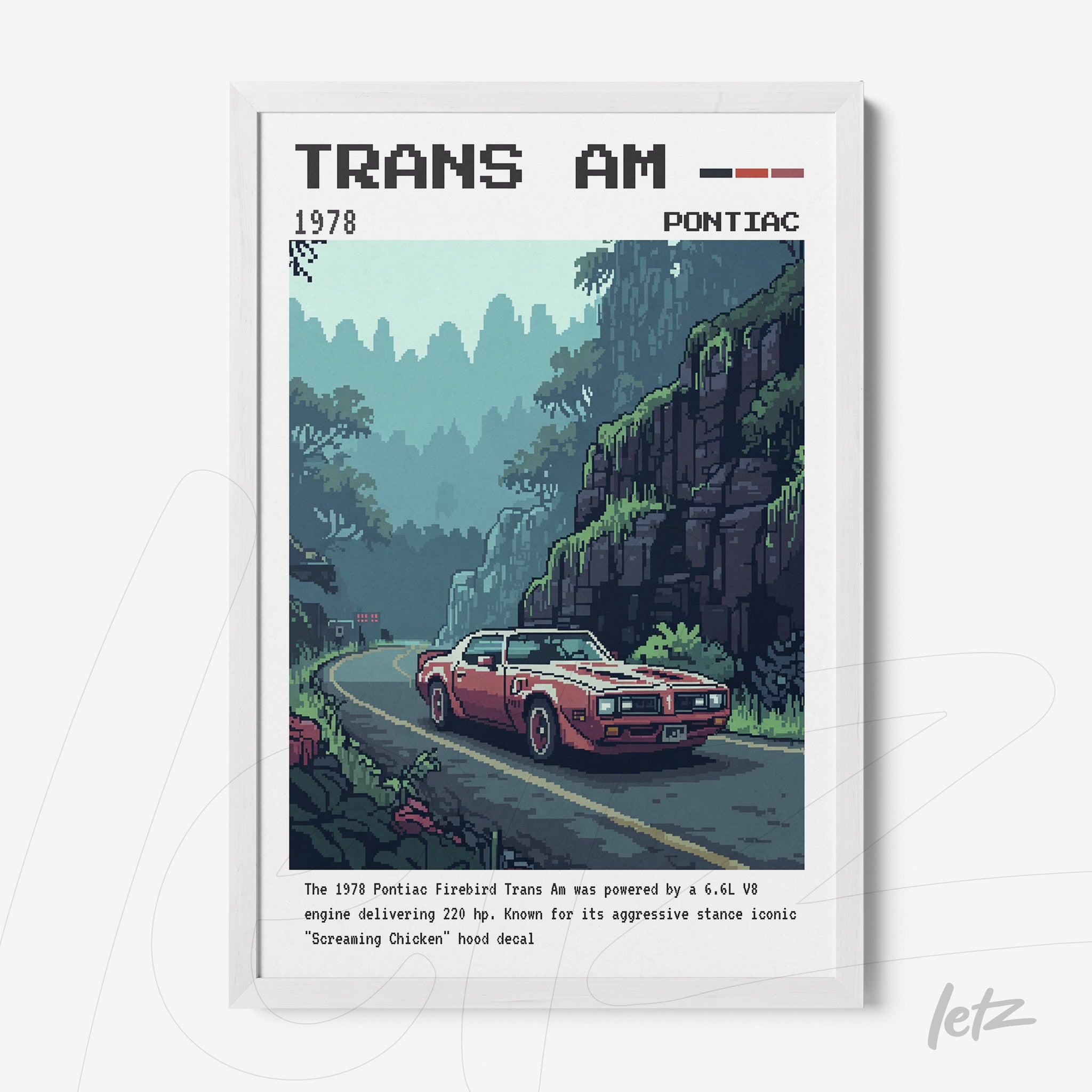 framed retro illustration of the 1978 Pontiac Trans Am with a white frame, featuring a mountainous landscape in the background