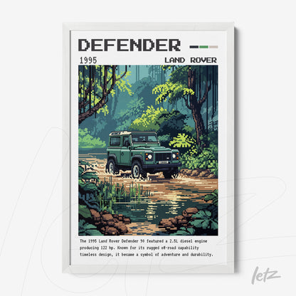 framed pixel art of a green Land Rover Defender in a lush forest landscape
