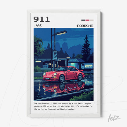 framed pixel art of a 1995 Porsche 911 with a white frame on a dark background