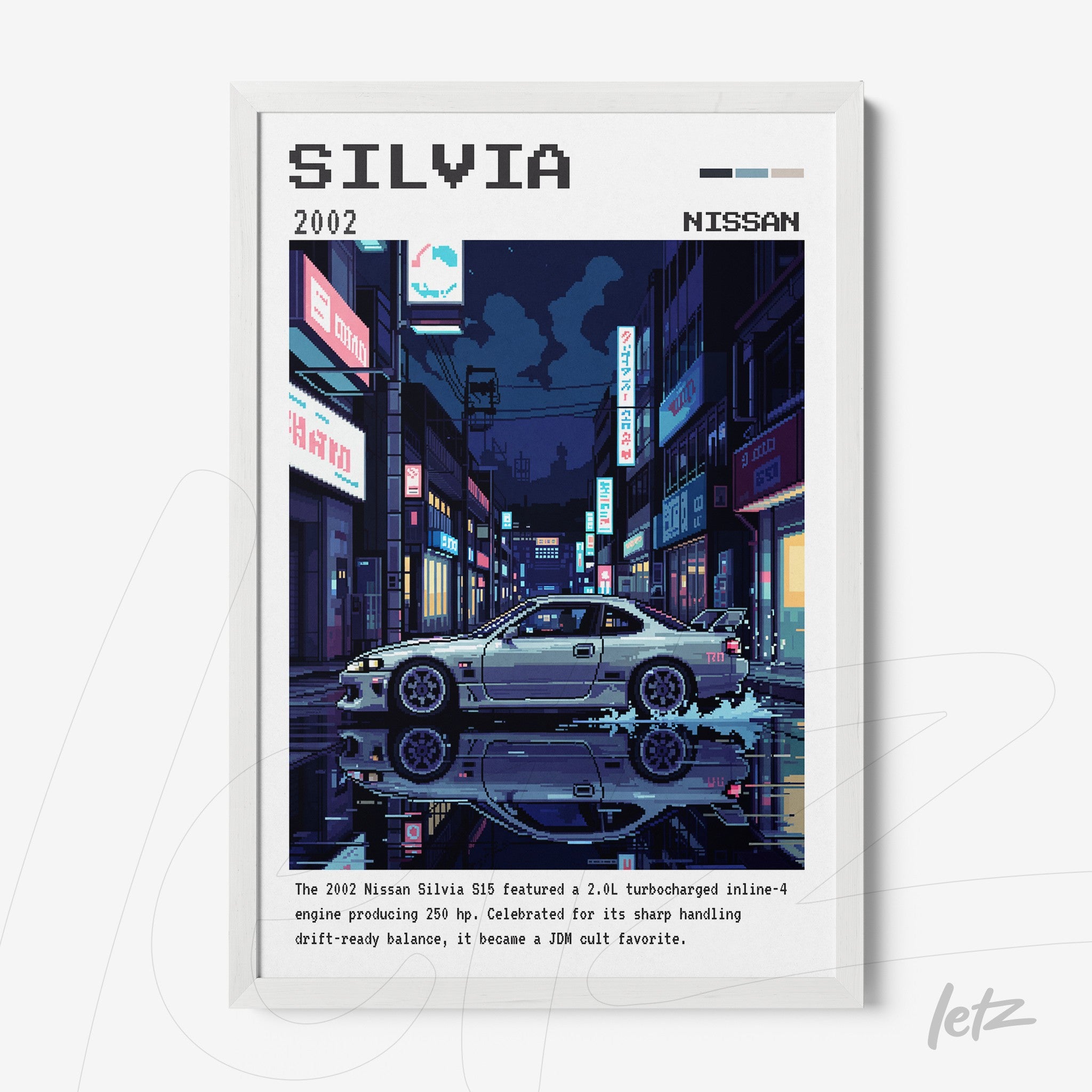 framed digital art of a Nissan Silvia S15 parked in a neon-lit urban street at night with a sleek white frame