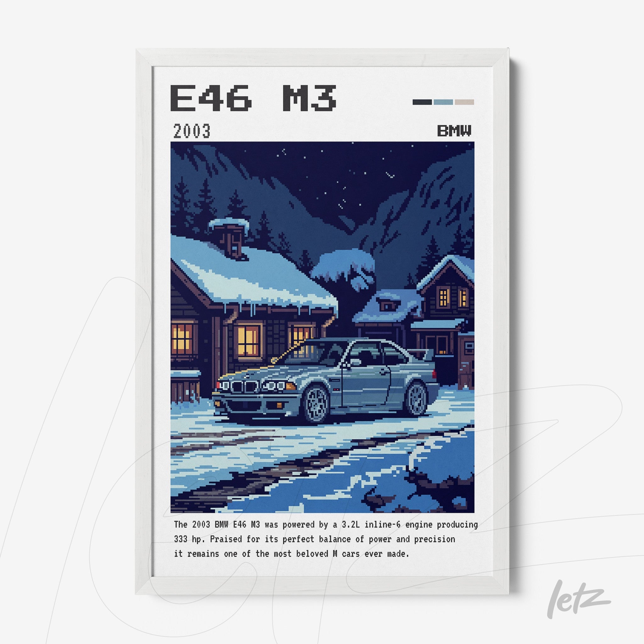 framed pixel art of a BMW E46 M3 car in a snowy mountain night scene
