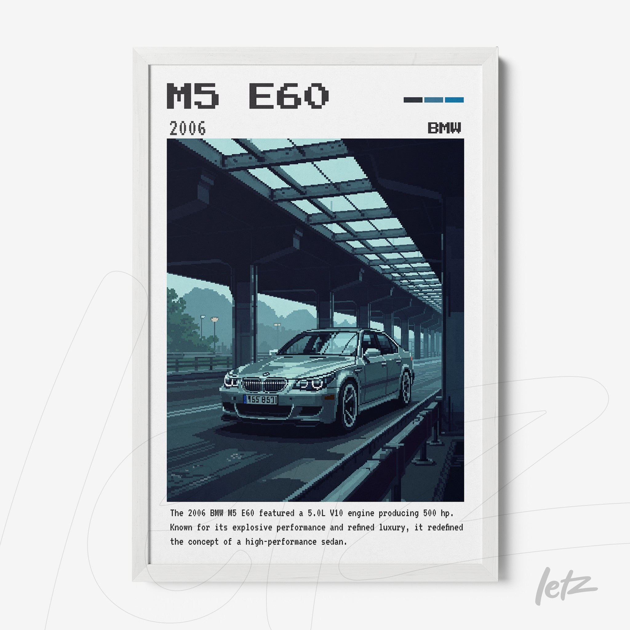 pixel art of a bmw m5 e60 car displayed in a white frame