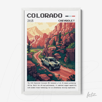 pixel art of a chevrolet colorado truck on a rocky mountain road with colorful foliage and mountains in the background