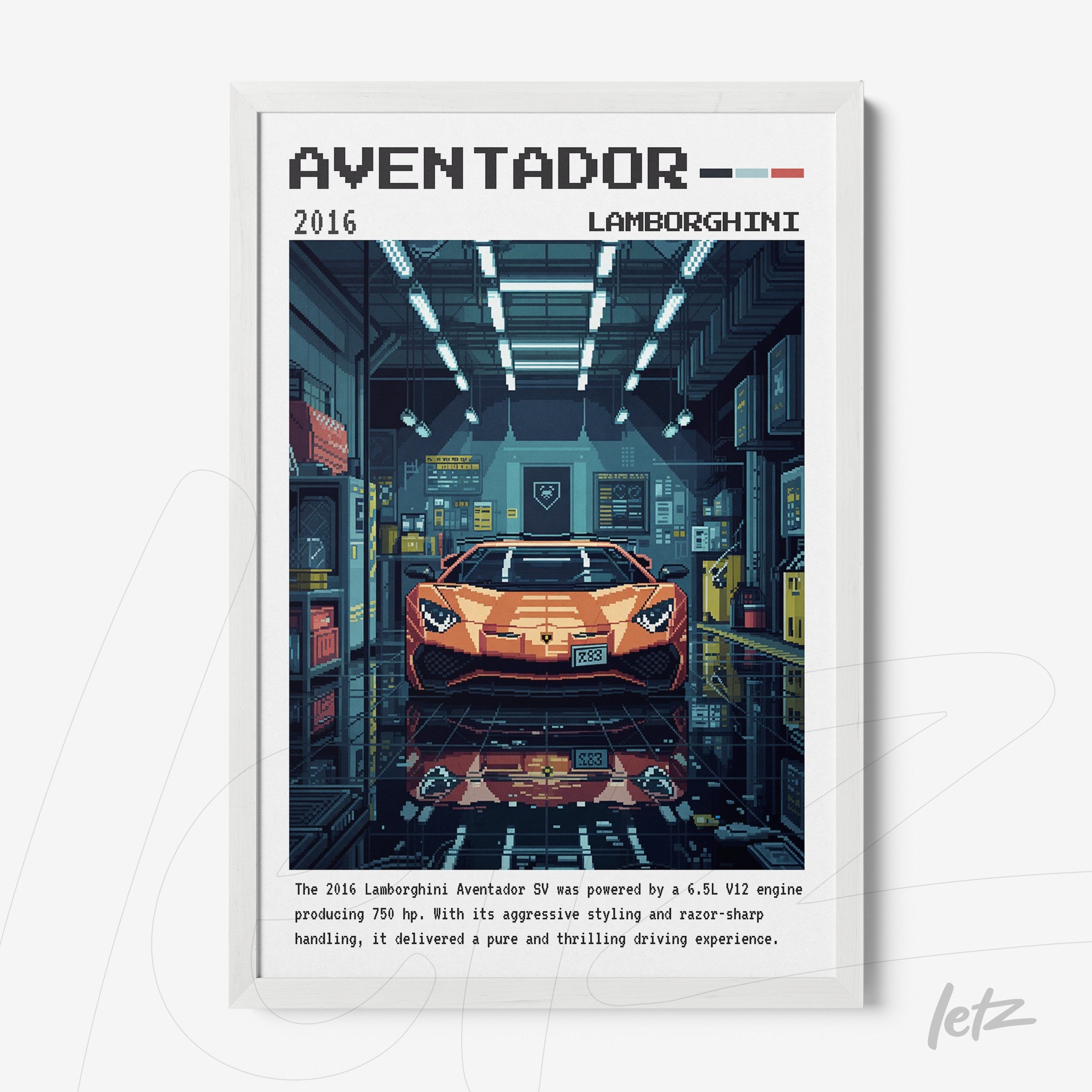digital art print of a lamborghini aventador in a retro workshop setting featuring bold colors