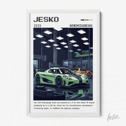 digital art print of the Koenigsegg Jesko in an urban setting with white frame