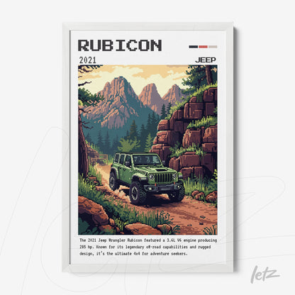 framed digital art featuring the 2021 Jeep Wrangler Rubicon in a mountainous setting, showcasing a green vehicle on a dirt path with mountains in the background