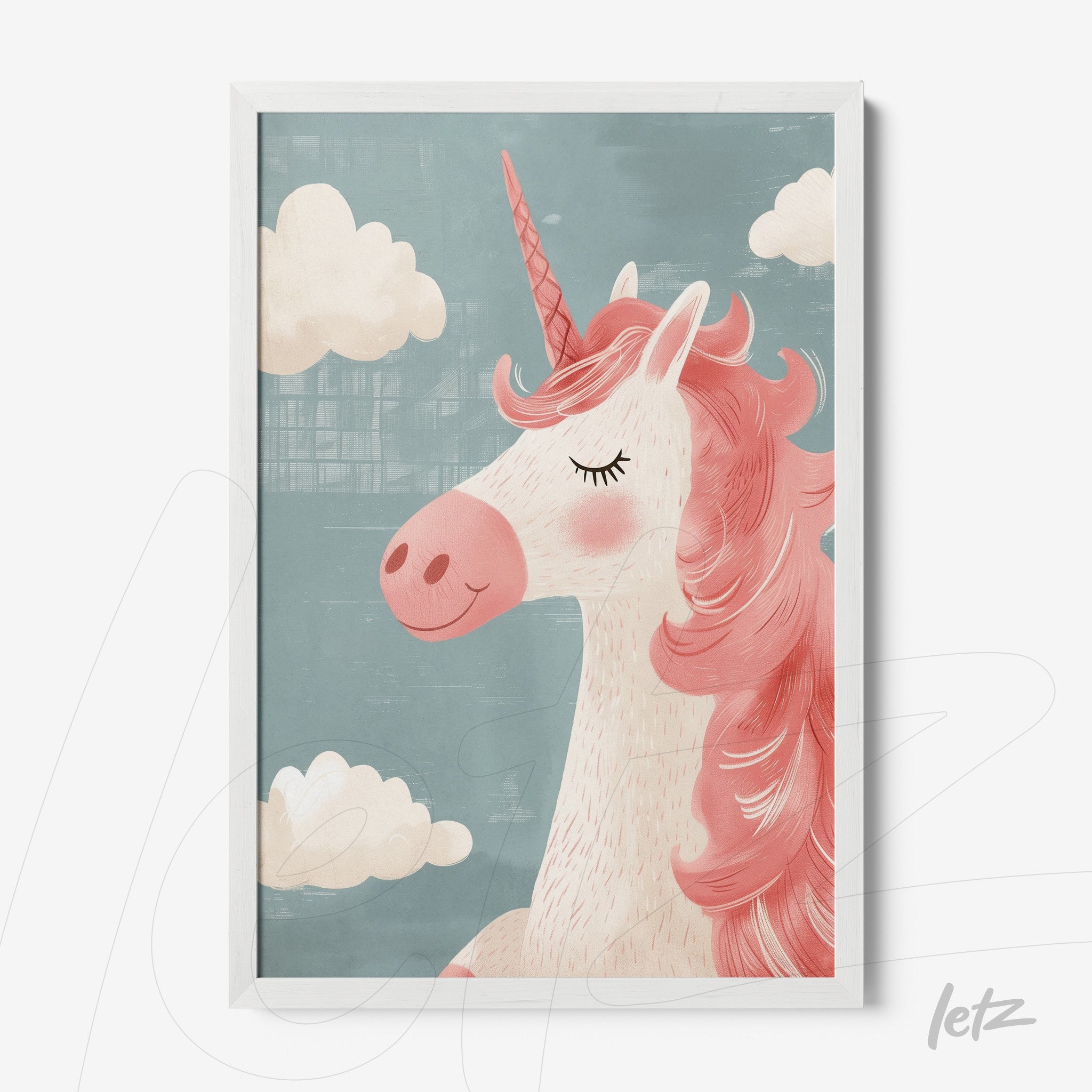 framed artwork of a unicorn with a blue background and white clouds