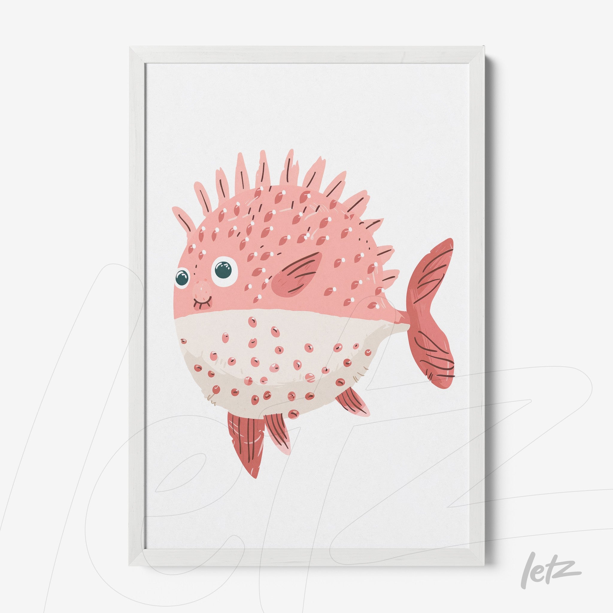 framed illustration of a colorful pink and white fish with spikes and large eyes