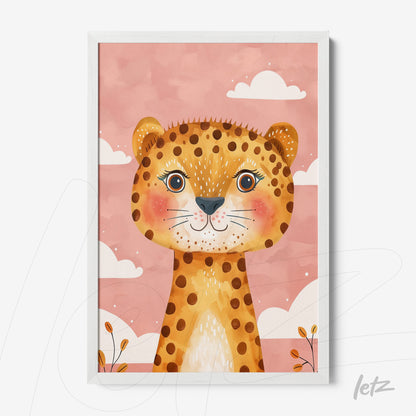 framed artwork featuring a cute leopard illustration on a pink background with white clouds