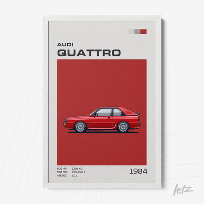 digital artwork of the 1984 Audi Quattro in a white frame, solid red background with car specifications